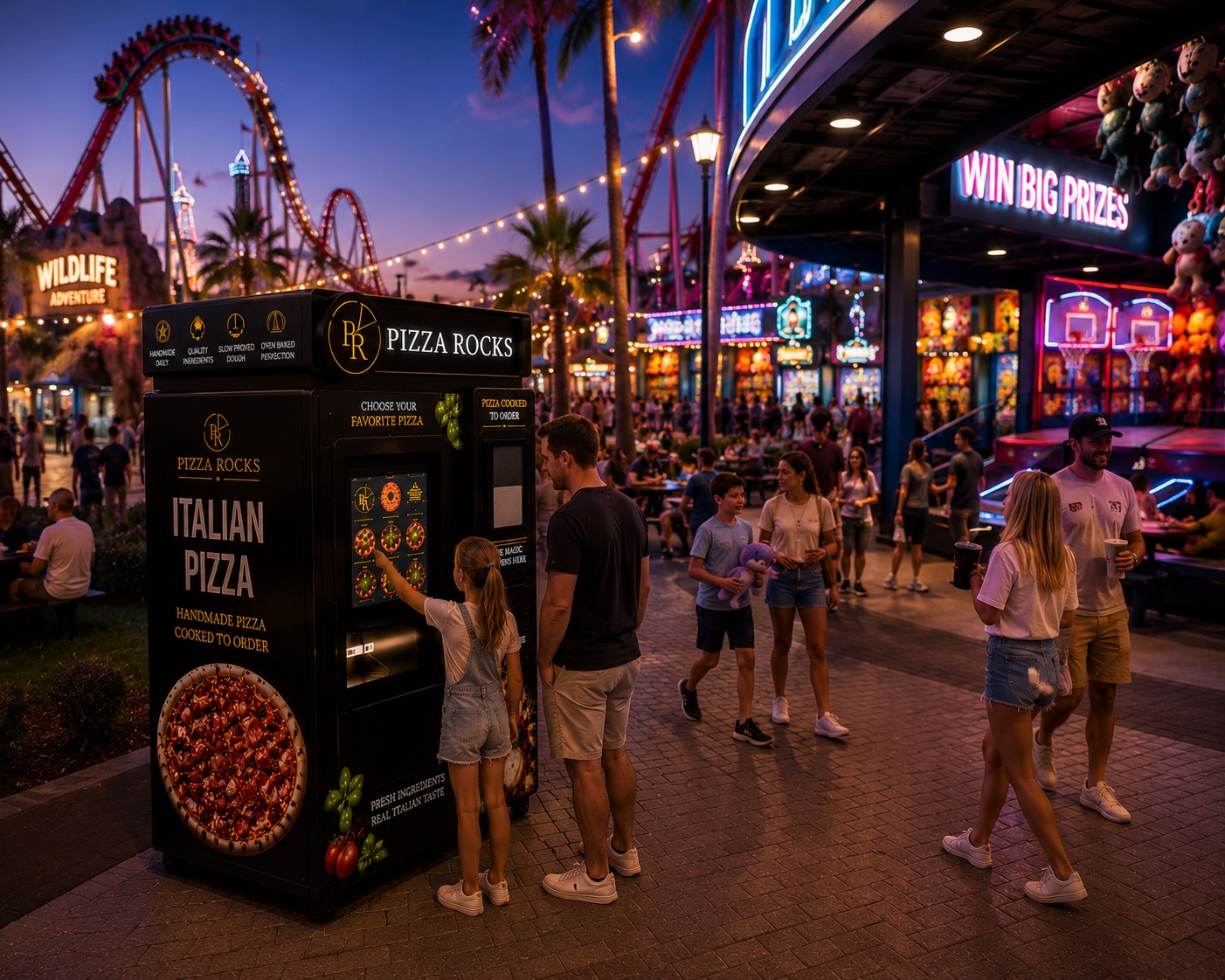 Pizza Rocks vending machine positioned at a theme park or visitor attraction